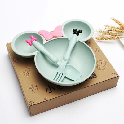 China 2021 Hot Sale Amazon Viable Kids Cartoon Dinner Dish Kit Children Wheat Straw Fork BPA Free Spoon Tray Set for sale