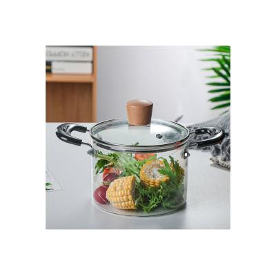 China Sustainable High Borosilicate Glass Cooking Glass Pots For Cooking Glass Pan With Wooden Handle for sale