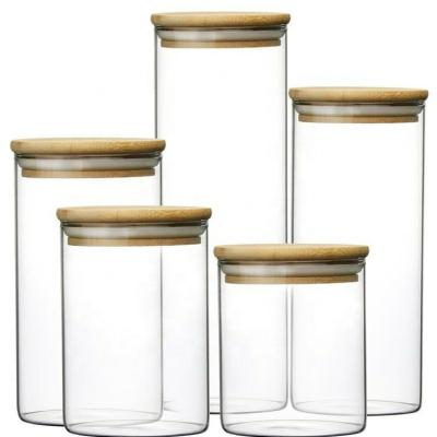 China 500ml 14oz Tall Heatable Borosilicate Kitchen Storage Airtight Clear Glass Jars With Bamboo Lids Set for sale