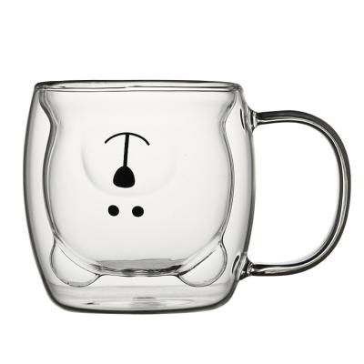 China High Quality Round 250ml Double Wall Sustainable Cute Brown Light Bear Glass Mug for sale