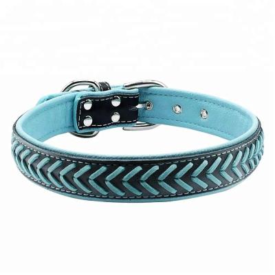 China Fantastic viable braided genuine leather dog collar with soft padded for dog training for sale