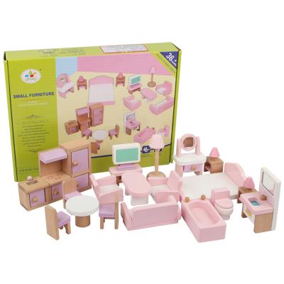 China Play Pretend Play Doll Room Accessories Wooden Doll Room Toy For Kids Miniature Doll Room Furnishing With Kitchen Living Room Bedroom for sale