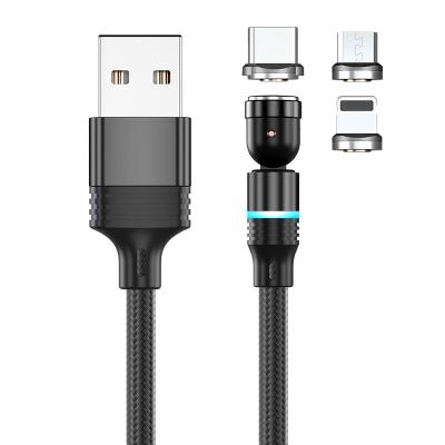 China Multi Function Data Transfer Cable 540 Degree Ring Light 5 Pin Quick Charge One-Hand Magnetic 3 in 1 Rotary Suction Charging Cable with Type-C USB LOS for Phone Protection for sale