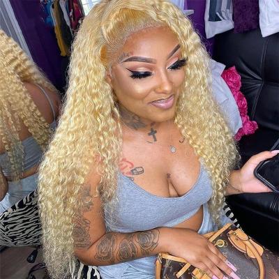 China Honey Blonde Kinky Curly Frontal Curl 613 Wig 150% Density 13X4 Density Lace Front Human Hair Wigs 613 HD Transparent Wig for sale