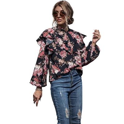 China Spring Summer Breathable Women's Spring Summer Breathable Puff Sleeve Floral Print Bow Stand Collar Ladies Blouse for sale