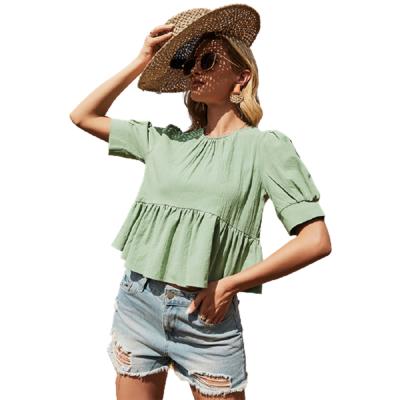 China New Style Breathable Blouse Spring Casual Women Short Sheath Pure Color Single Row Button Chiffon T-shirt for sale