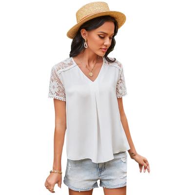 China Loose Short Top Women's V-Neck Lace Anti-Wrinkle Sleeve Pullover White Casual T-Shirt for sale