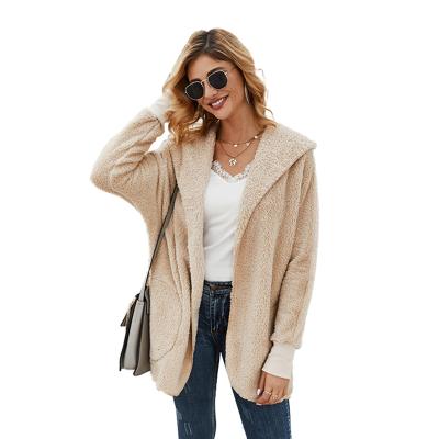 China 2021Thick Anti-wrinkle Solid Color Long Sleeve Plush Hooded Women Coat Overcoat for sale