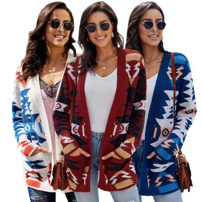 China Women's Breathable Winter Loose Knit Geometric Pattern Cardigan Sweater for sale