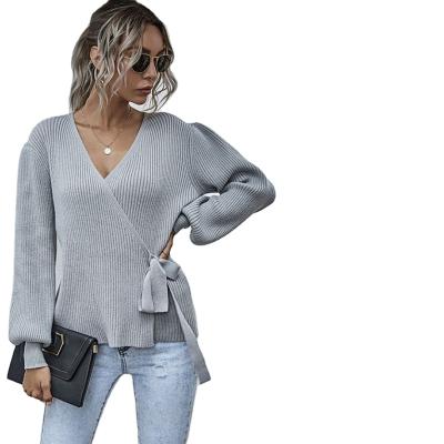 China Women's Sweater Women's Cross-Wrapped V-Neck Breathable Casual Belt Knitted Sweater for sale