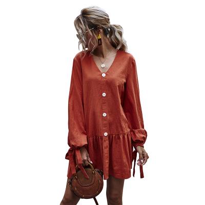 China Factory Direct Women's Breathable V-Neckline Bubble Bow Tie Lantern Sleeve Solid Color Long Sleeve Casual Dress for sale