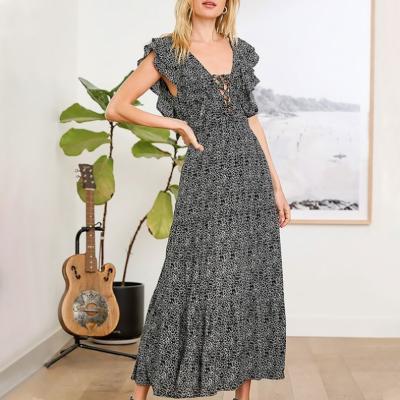 China Clothing 2022 Anti-Static Plus Bohemian Lady V-Neck Maxi Dress Casual Boho Dress Floral Long Sleeve Beach Dress With Kimono Sleeve for sale