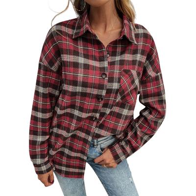 China Red plaid turn-down neck Anti-wrinkle plaid turn-down long sleeve blouse women autumn winter single breasted ladies shirts for sale