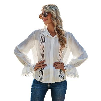 China New Fashion Women's Ladies White Blouse Turn-down Sleeve Breathable Hollow Neck Long Sleeve Rocket Blouse for sale