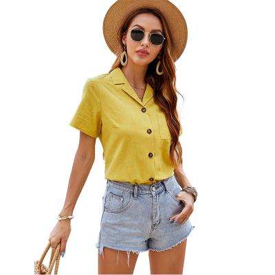 China Latest Women's Summer Cotton Long Yellow Blouse Breathable Neck Short Sleeve Turn-Down Blouse for sale