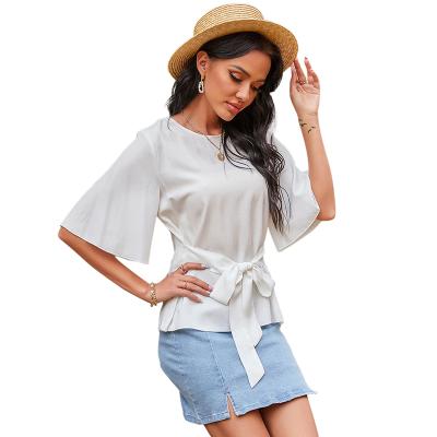 China Hot Selling Breathable Chiffon O-Neck Blouse Short Sleeve Bandage Women's White Shirts for sale