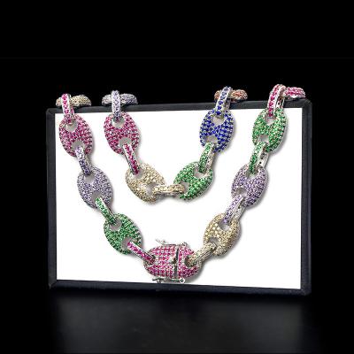 China Best Selling Hiphop Rainbow Pave Cuban Link Necklace Bracelet Hip Hop Jewelry Set for sale