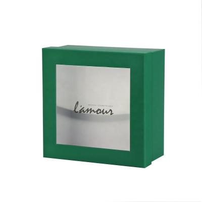 China Recyclable Custom Your Own Logo Luxury Green Rigid Cardboard Gift Lid And Plain Paper Box With Clear Window for sale