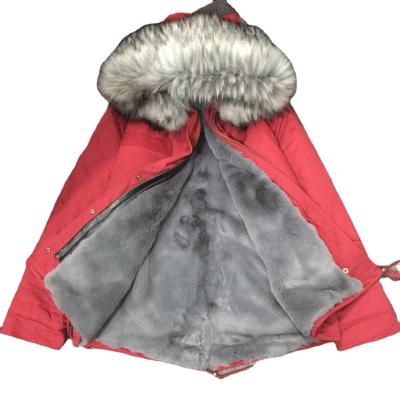 China Faux Fur Anti-Shrink Anti-Shrink Solid Knitted Parka For Women&Men Shell With Gray Faux Fur Lining And Red Faux Fur Collar for sale