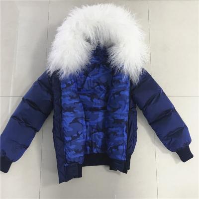 China Canada Design Women Navy Fur Jackets Camouflage Sustainable Down Coat Cotton Lightweight Striped Real Mongolian Fur in White for sale