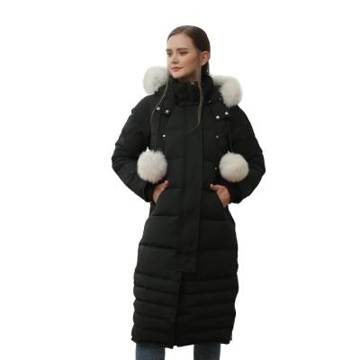 China Latest Anti-Wrinkle Anti-Wrinkle Black Down Long Coat Stripper Jacket With Pompoms Winter Clothes For Women 2022 Fashion for sale