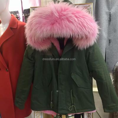 China Plus Size Plus Size Kids Khaki Pink Fur Striped Jacket With Raccoon Fur Hood for sale