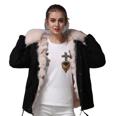 China Beautiful Elegant Women Winter Raincoats Waterproof Parka With Light Pink Real Fox Fur Barring Short Black Coat With Fox Fur Collar for sale