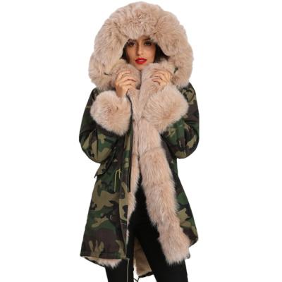 China Latest Fashionable Fur Parka Women Camouflage Fur Fox Shell Long Jacket With Apricot Front Cuffs Collar for sale