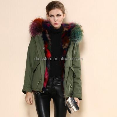 China Garment 100% True Colored Fur Coat With Hood Raccoon Fur Trim For Hood for sale