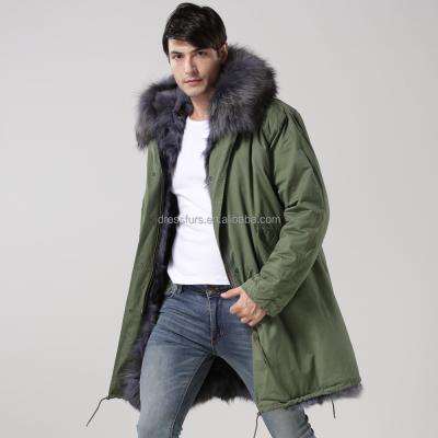 China Winter Jacket Men's Striped Raccoon Fur Trim Cotton Shell Breathable Outer Fur Shell Real Gray Color Fox for sale