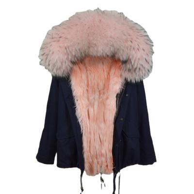 China Women Navy Shell Short Parka With Pink Lamb Fur Lined Anti-Wrinkle Winter Windproof Clothes Big Nice Raccoon Fur Collar Trimming for sale