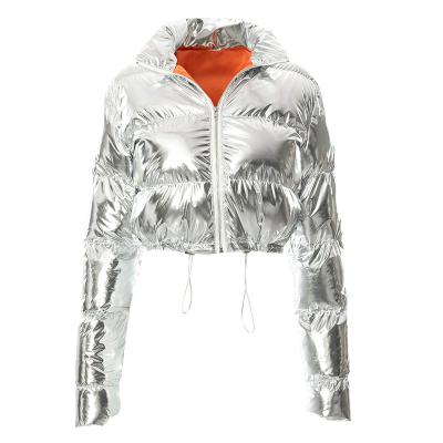 China Dropshipping Winter Women Anti-wrinkle Coat Shiny Zipper Crop Jacket Top Reflective Jackets For Women 2021 for sale