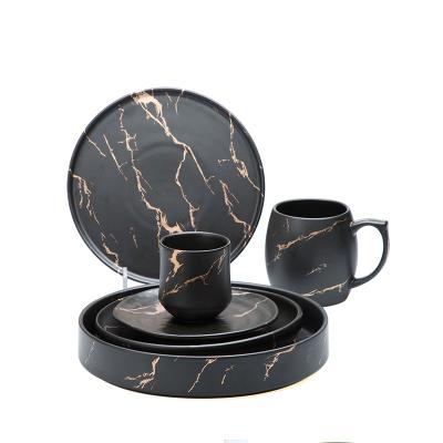 China Sustainable Design High Quality Marble Dinner Set Dinnerware Black Gold Luxury Ceramic Dinner Plate Set Saucers Tea Cups and Coffee Cup Set for sale