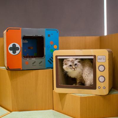 China Oven Design Cat Litter Box Environmentally Friendly Wrinkled Retro Cardboard Cat House Cat Scratch Board TV Radio for sale