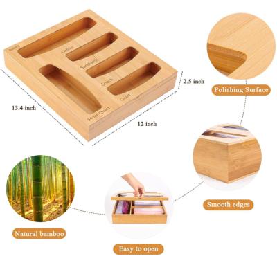 China Kitchen Sustainable Custom Engraved Drawer Integrated Bamboo Ziplock Bag Storage Organizer And Dispenser For Sandwich Snack Bag for sale