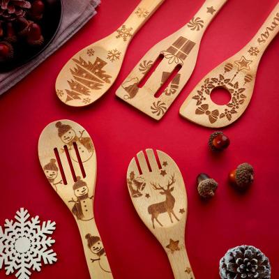 China Viable Wholesale Custom Magic Carved Kitchenware From Amazon Bamboo Spatula Set Of 5 Piece Cooking Utensils For Christmas for sale