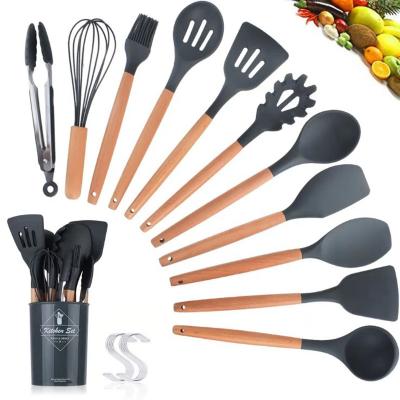 China Sustainable Wooden Handle Silicone Utensils 11Piece Kitchenware Set Kitchen Tool Shovel Spoon Set for sale