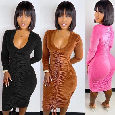 China kc QUICK DRY Deep V Neckline Pleated Midi Dress Full Sleeve Casual Clubwear For Women Stripper Knee Dresses for sale