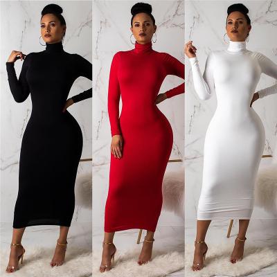 China Kuchi New Arrival Anti-Static Women Fall Long Dresses Fashion Solid Color Causal Long Sleeve Bodycon Dresses for sale