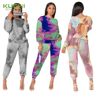 China kc 2021 Breathable Women Clothing Fashion Long Sleeve Top And Tie Dye Pants 2 Piece Set for sale