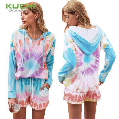 China Women Thermal Tie Dye Printed Short Pajama Set Crewneck Sleeve Hoodie Long And Slits PJ Shorts Set Kangaroo Pocket Loungewear Sleepwear for sale