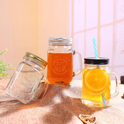 China Wholesale 16oz 500ml Sustainable/Eco-Friendly/Stocked Custom Clear Square Glass Mason Ja For Iced Juicy Water Beverage Drink Dispenser With Handle And Straw for sale