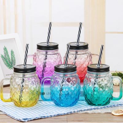 China Sustainable / Eco-Friendly / Stocked Customized 16oz Pineapple Shape Drinking Glass Mason Jar Colorful Iced Coffee Mug 16oz Glass With Handle And Metal Lid for sale