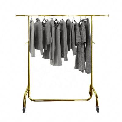 China Easy Installation Commercial Insurance Gold Clothing Rack In Wheel Rack for sale