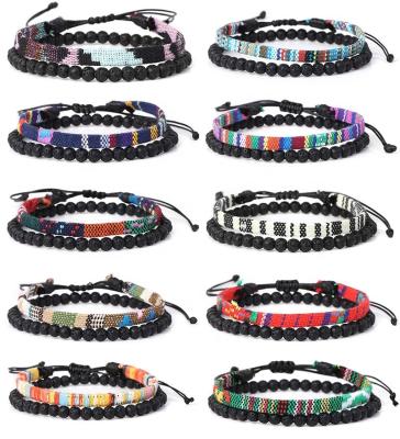 China Lava Combination Fabric Men Natural Volcanic Stone Bead Woven Bracelet Cloth Adjustable Handmade Bracelet for sale