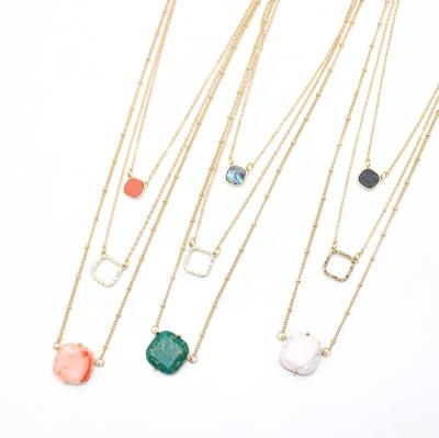 China TRENDY Customized Three Colors Chain Women Alloy Necklace Square Stone Inlay Multi Layer Necklace for sale