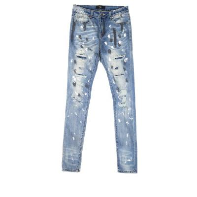 China Breathable 202 Men's Ripped Jeans Pants Paint Splattered Jeans With Heavy Wash Distress Rhinestones Jeans for sale