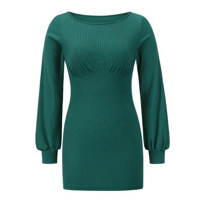 China Autumn 2021 Breathable Lantern Sleeve Clothes Solid Knitted Sweater Ladies Dress For Women for sale