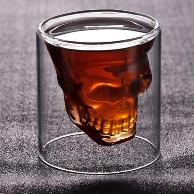 China Double Wall Stocked Crystal Skulled Head Shape Whiskey Shot Glass For Halloween Gifts Skulled Wine Whiskey Drinking Glass Cup for sale