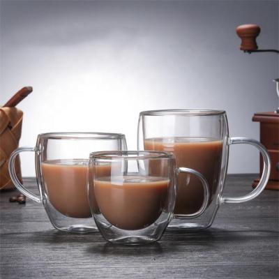 China Stocked 250ml 350ml 450ml Insulated Double Wall Borosilicate Glass Coffee Mug With Bamboo Lid for sale